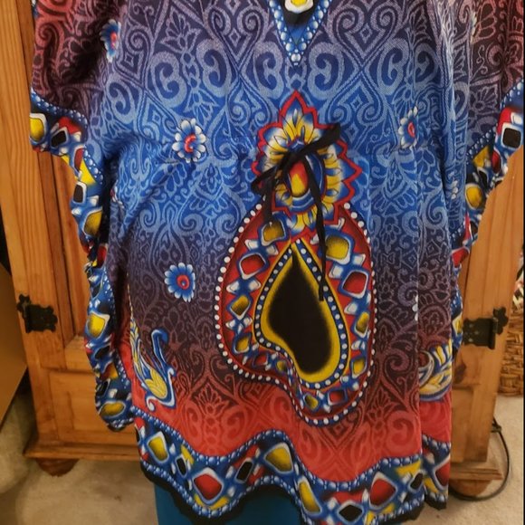 Red Blue Yellow Women Plus One Free Size Cover Up Tunic Dress - Picture 2 of 4